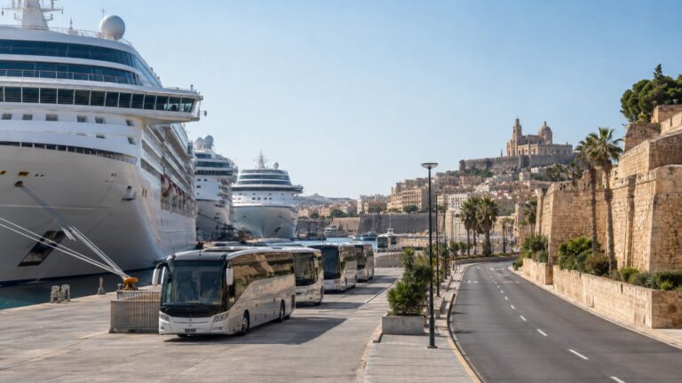 Excursion coaches and several cruise ships along a narrow terminal road