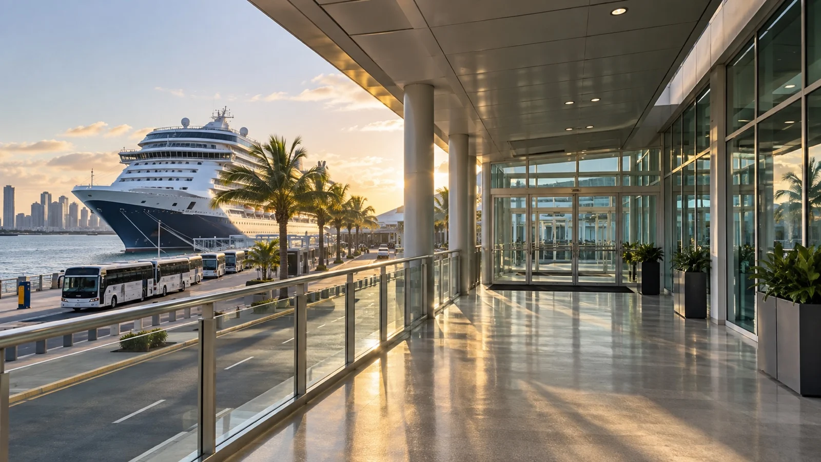 Empty cruise terminal exit corridor with morning light and waiting transport