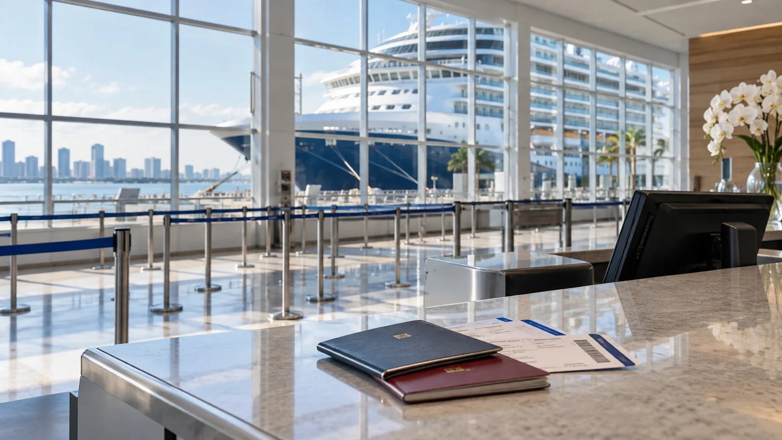 Empty cruise terminal check-in counter with passports and boarding cards on the desk