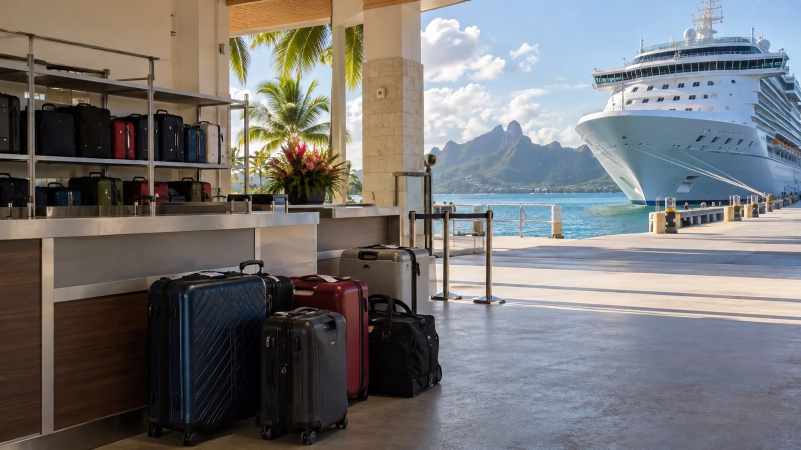Suitcases at empty cruise terminal baggage storage desk