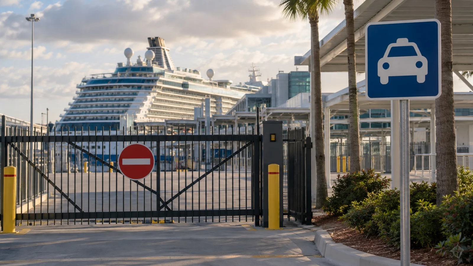 Restricted cruise terminal gate and taxi pickup sign, no readable text