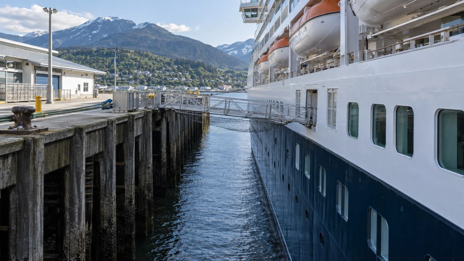 Cruise ship alongside a fixed high pier with large waterline-to-deck difference