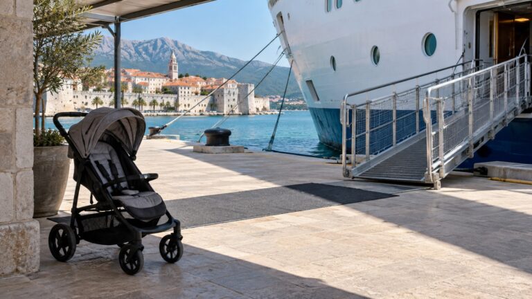 Empty toddler stroller parked in the shade near a cruise ship gangway