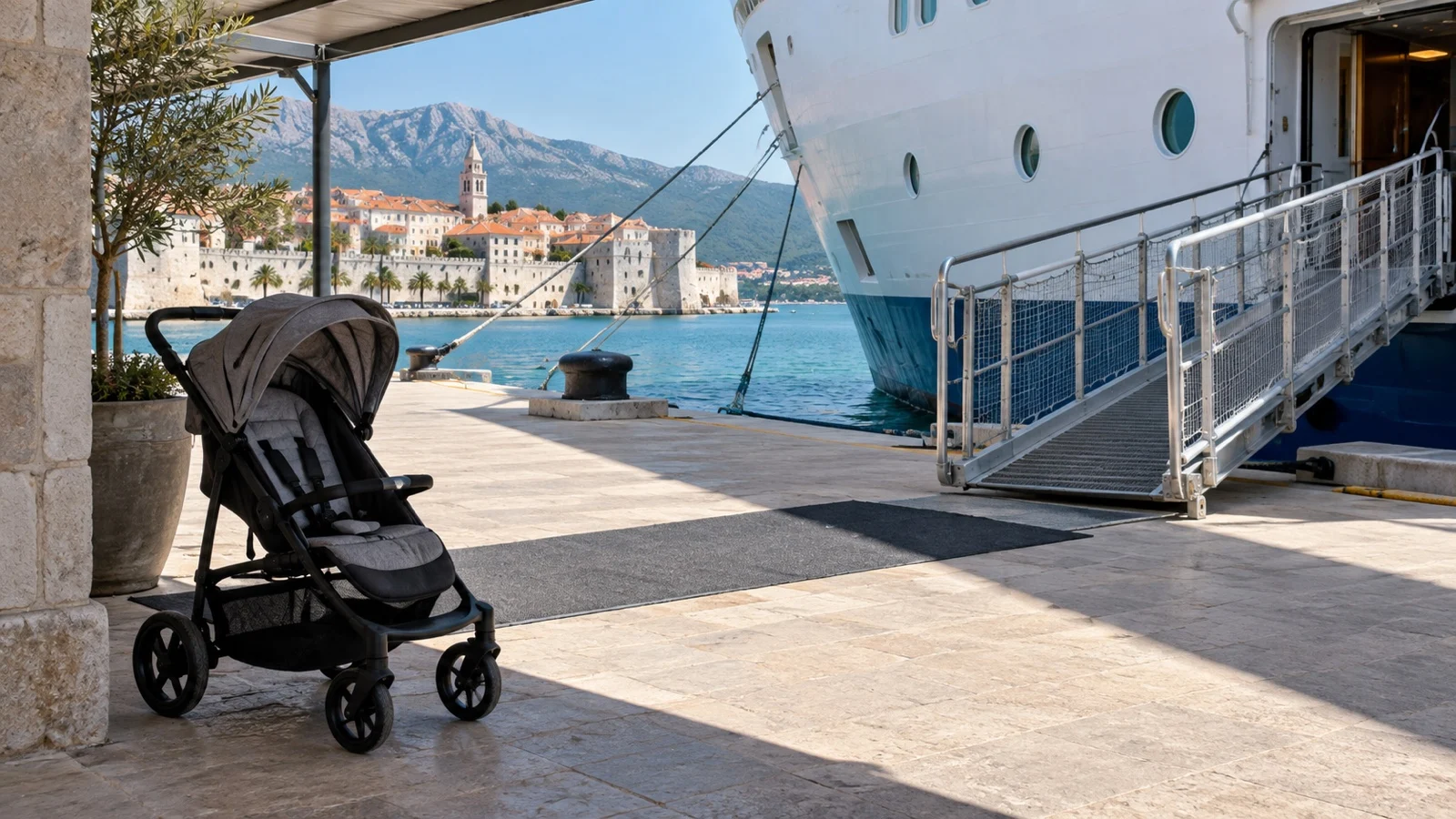 Empty toddler stroller parked in the shade near a cruise ship gangway