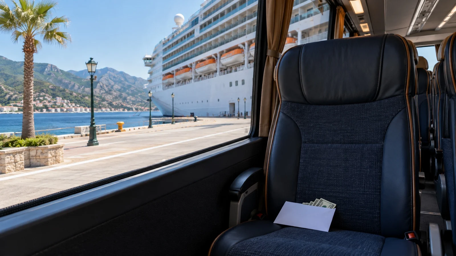 Empty excursion bus beside cruise ship with tip envelope on seat