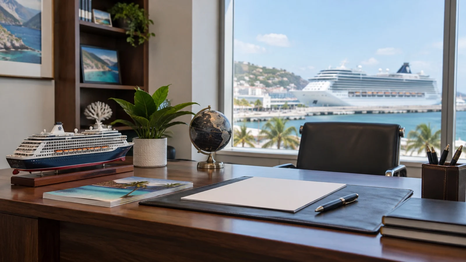 Empty travel advisor office desk with ship model and blank booking papers