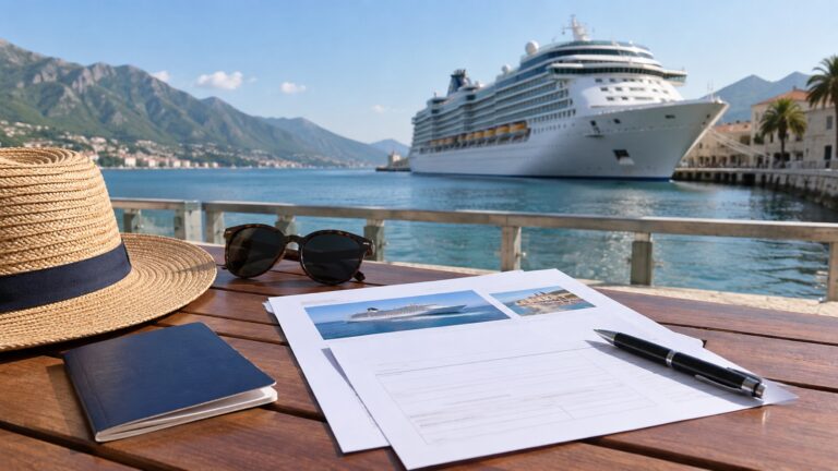 Blank travel insurance policy and cruise booking papers beside passport, no readable text