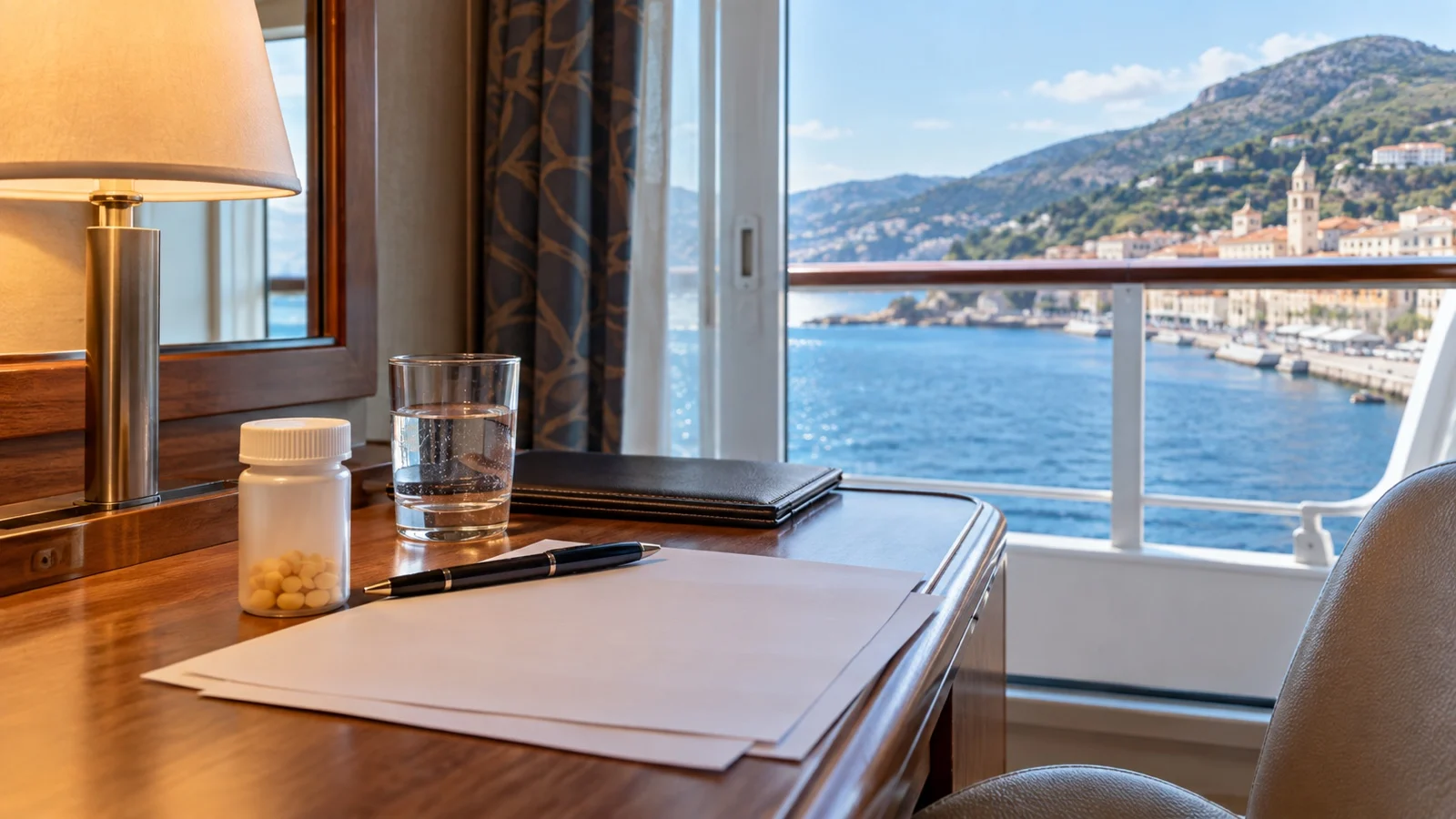 Blank travel insurance papers and prescription bottle on cruise cabin desk, no readable text