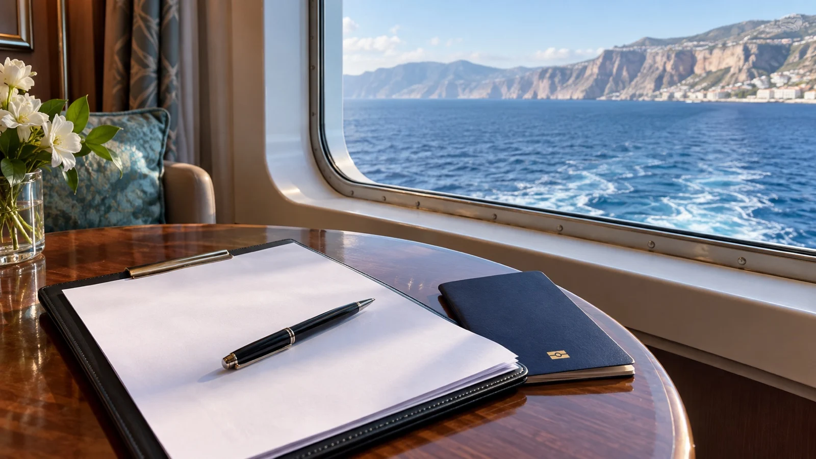 Blank travel insurance paperwork and passport on a cruise cabin table beside a sea-view window