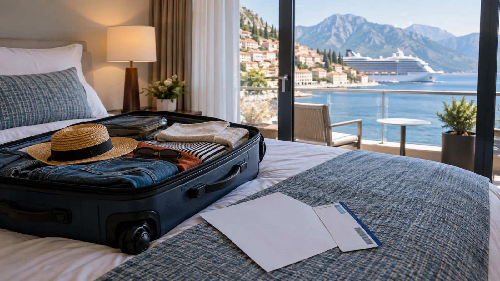 Packed suitcase beside blank canceled itinerary and boarding card on a bed