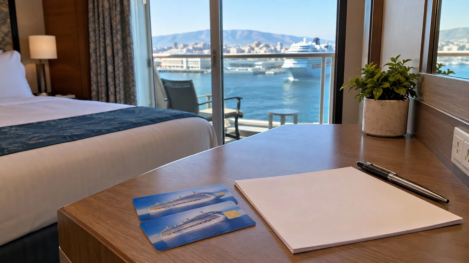 Blank turnaround instructions and two cruise boarding cards on an empty cabin desk