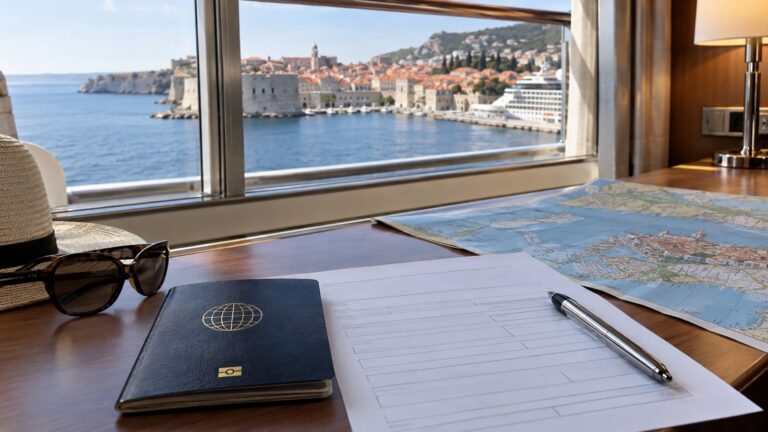 Passport and blank visa application on cruise cabin desk beside port map, no readable text