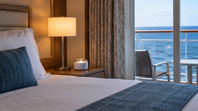 Empty cruise cabin with bedside visual alert device and lamp