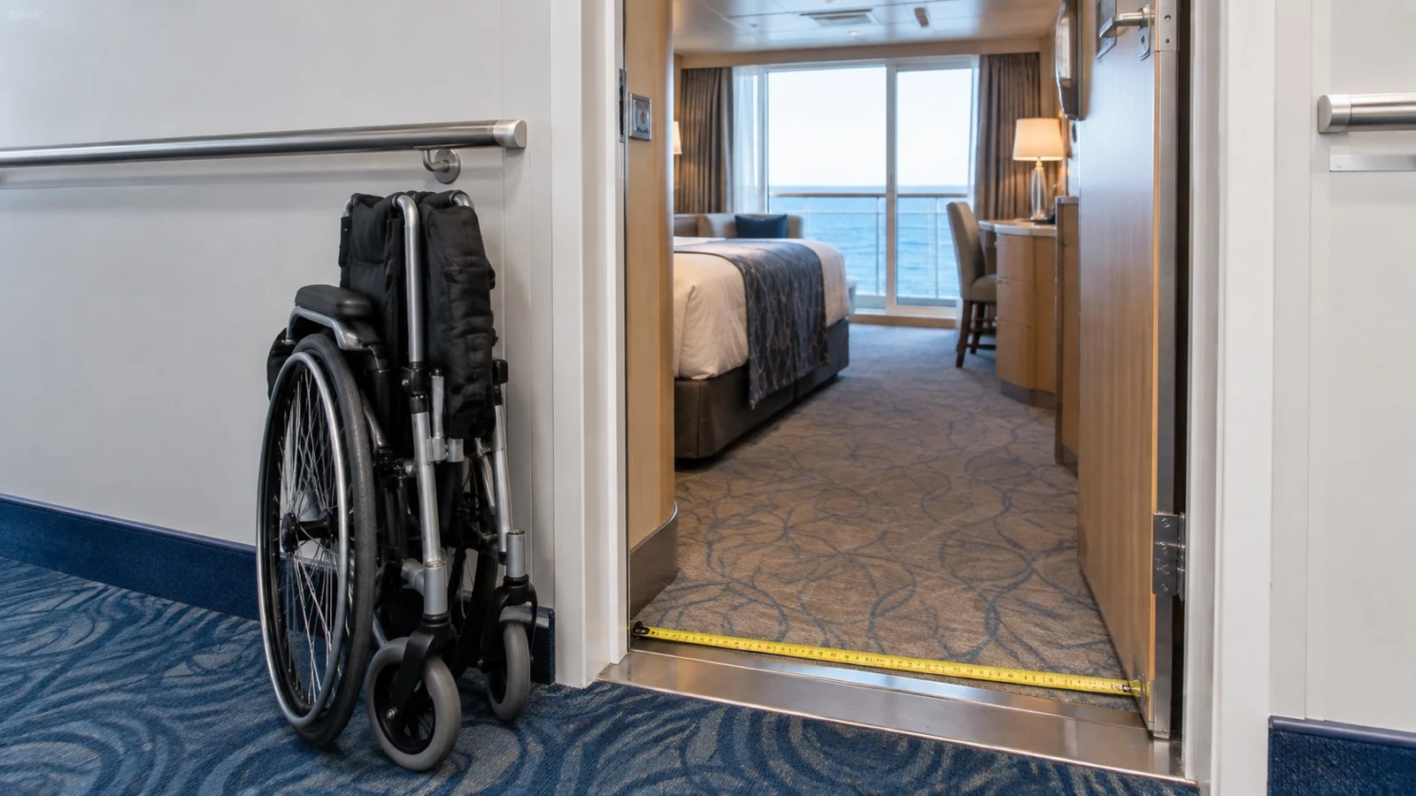 Folded wheelchair beside a measured wide cruise cabin doorway