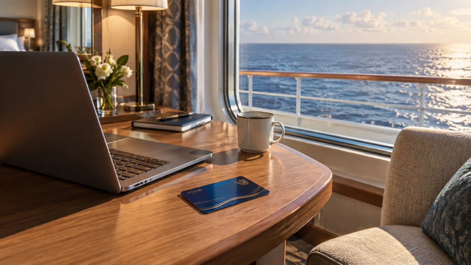 Laptop and generic loyalty card on cruise cabin desk by ocean window, no readable text