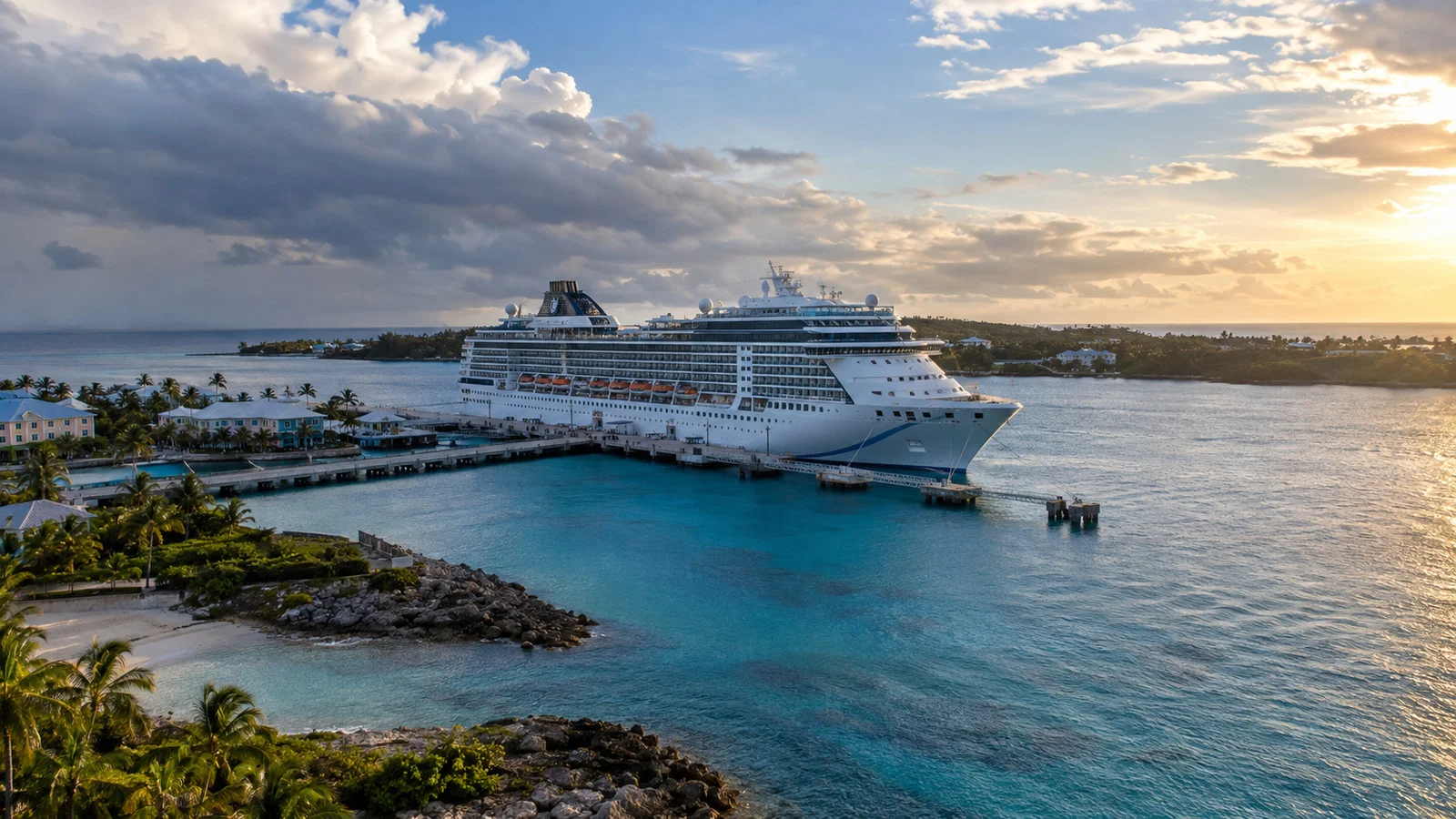 Cruise ship at a sheltered Bahamas port under clearing skies