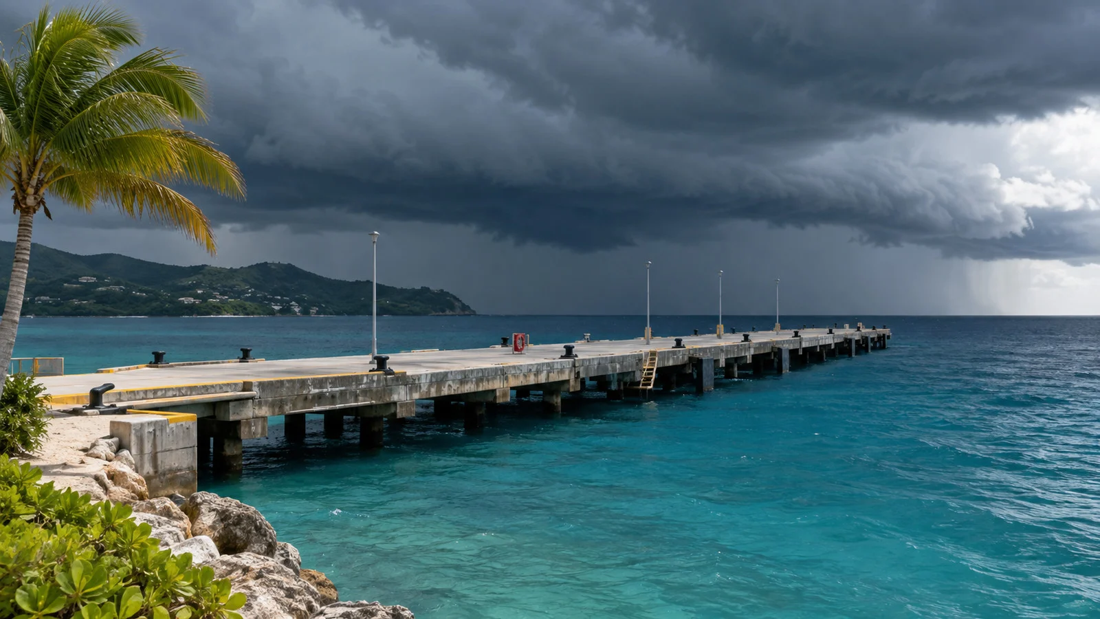 Empty Caribbean cruise pier ahead of a tropical storm