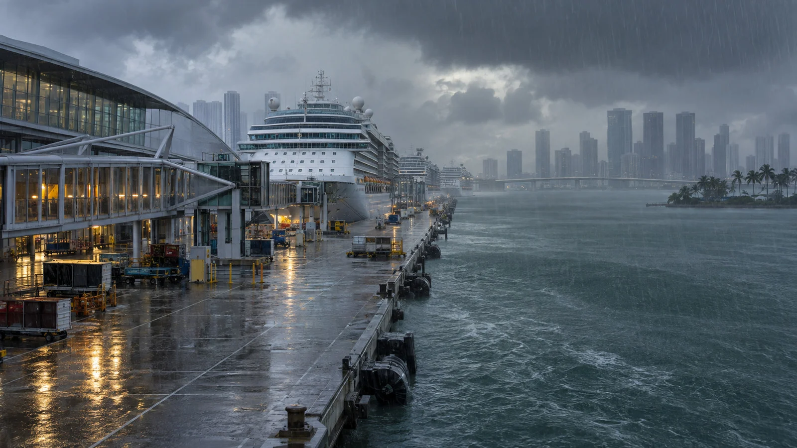 Miami cruise terminal in heavy rain before a tropical storm