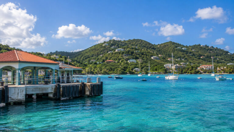 Cruz Bay St John US Virgin Islands ferry landing and turquoise harbor with small boats and green hills, no people