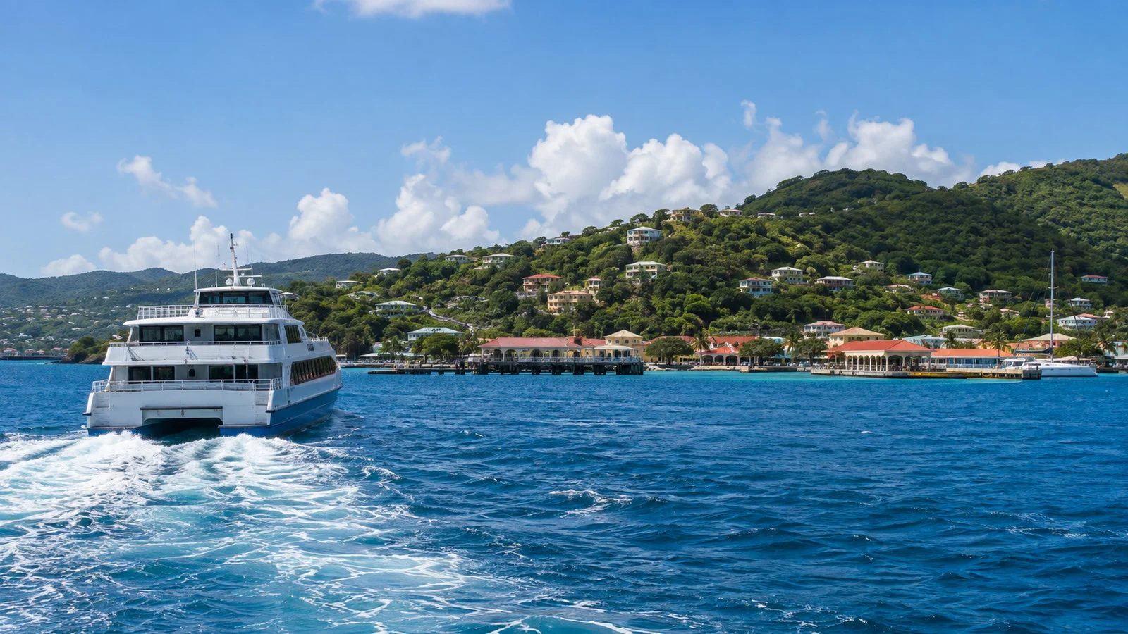 Passenger ferry approaching Cruz Bay St John from St Thomas across blue Caribbean water, no people visible
