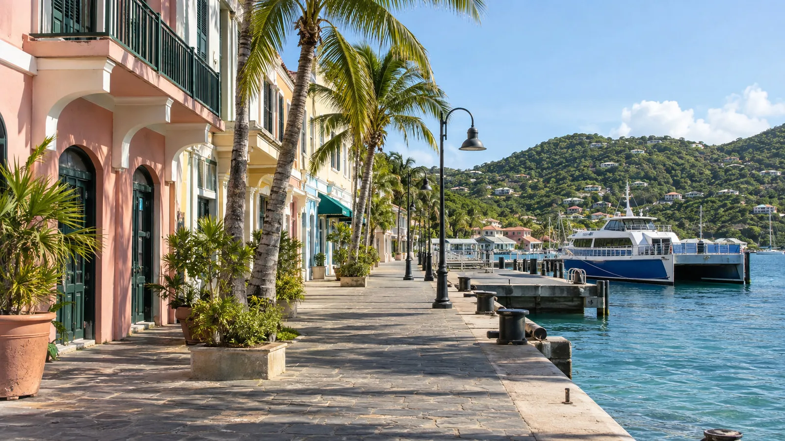 Walkable Cruz Bay waterfront street with pastel buildings, palms and ferry dock, empty morning