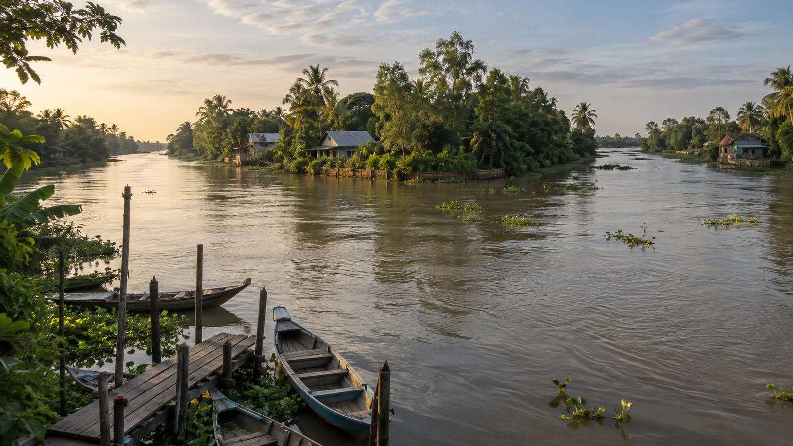 Branching Mekong river channels around Cu Lao Gieng island Vietnam with green banks and small empty wooden boats
