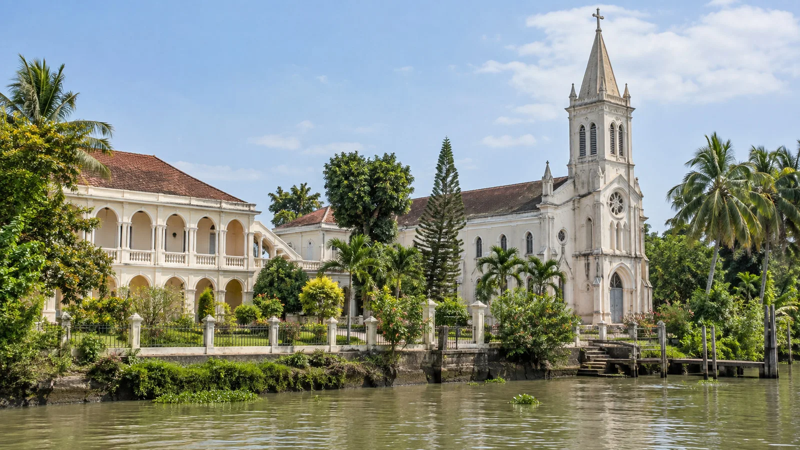 Historic religious convent and church buildings on Cu Lao Gieng island Vietnam with pale plaster walls and tropical greenery, no people