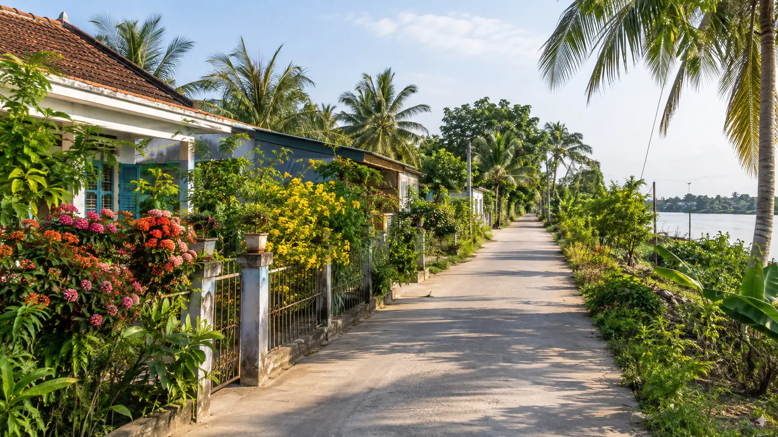 Quiet village road on Cu Lao Gieng Vietnam with gardens, palms and simple houses, no people