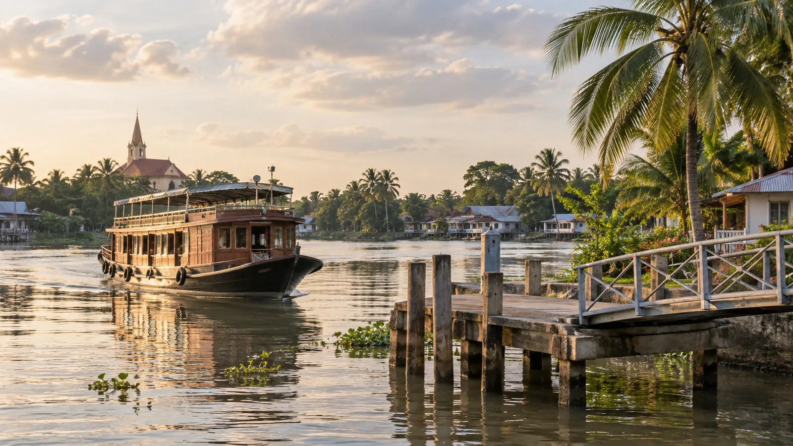 Small Mekong river cruise vessel at Cu Lao Gieng island landing in An Giang Vietnam with palms and village riverbank, no people