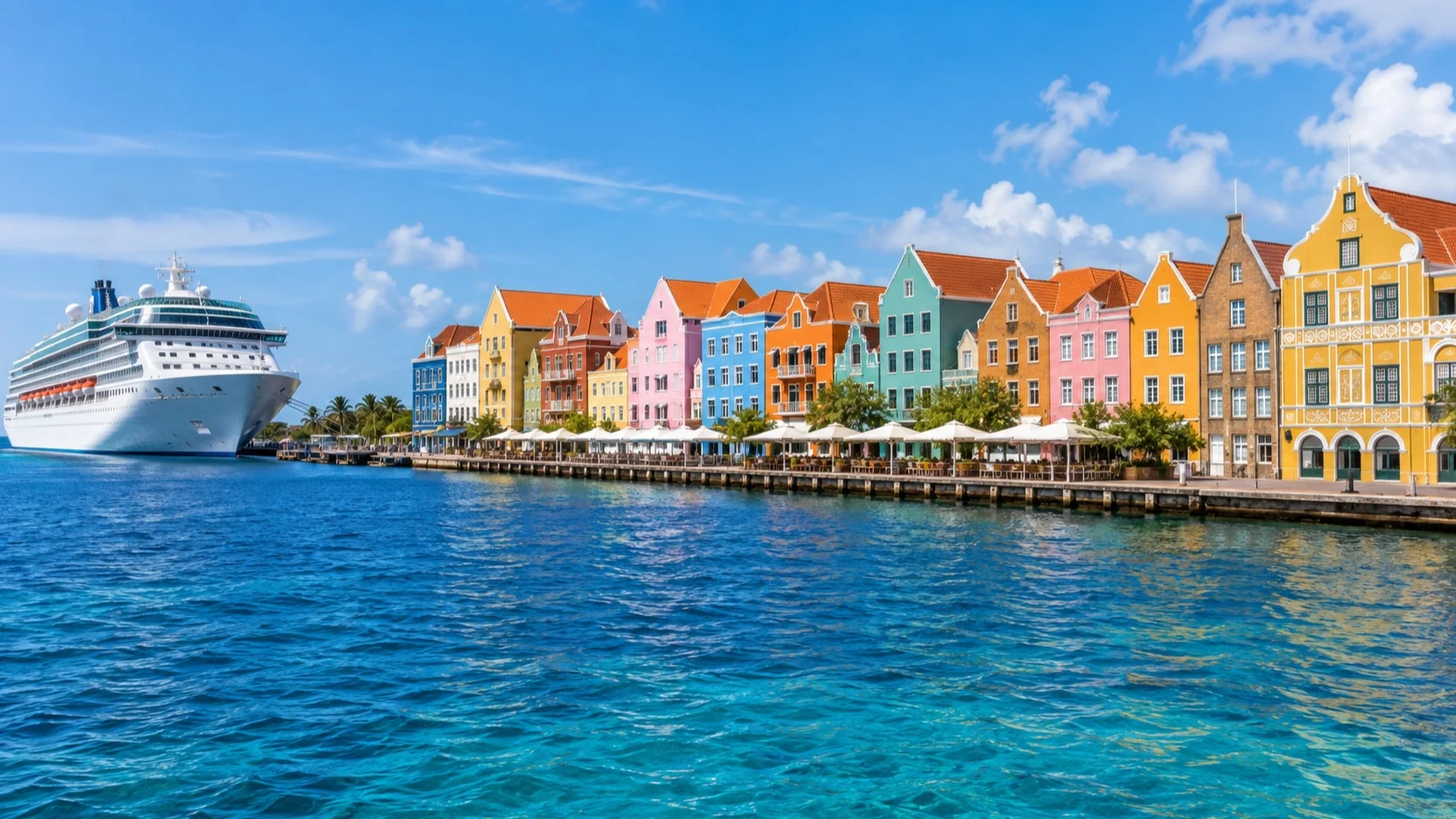 Willemstad's colorful Dutch Caribbean waterfront with cruise ship