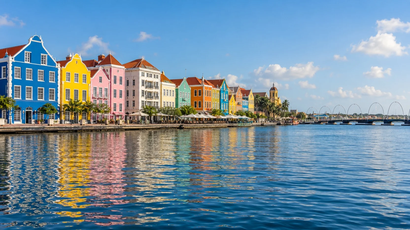 Colorful Handelskade waterfront buildings along Sint Anna Bay in Curaçao