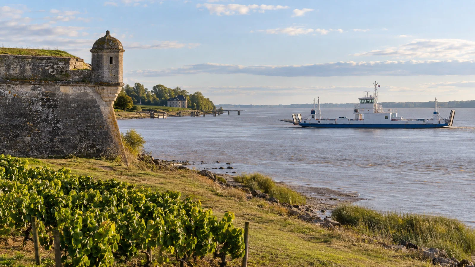 Gironde riverbank and Lamarque ferry near Fort Médoc