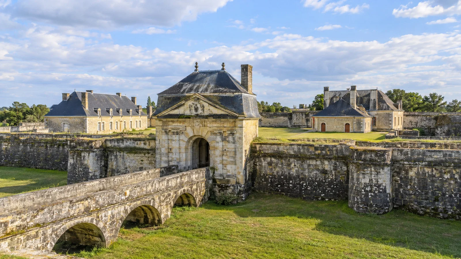 Historic fort buildings inside Fort Médoc
