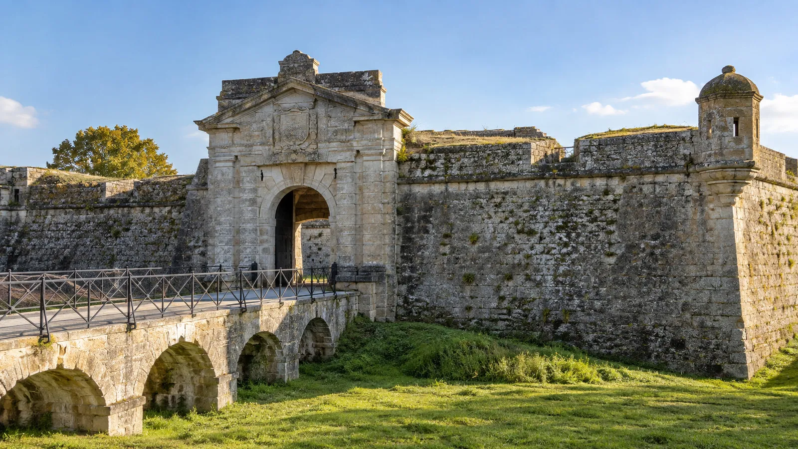 Stone entrance and ramparts of Fort Médoc