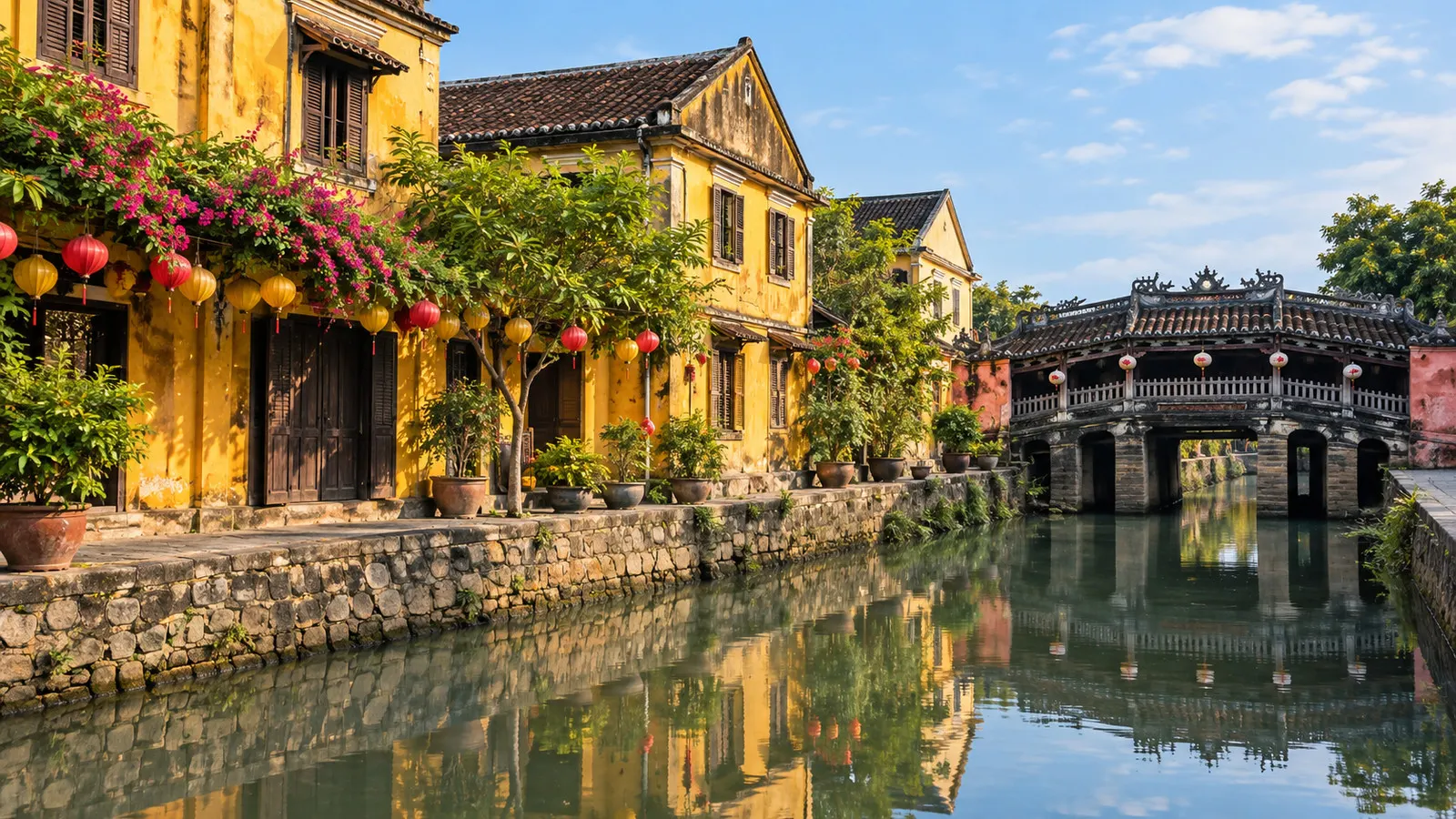 Yellow historic buildings and lanterns in Hội An Ancient Town