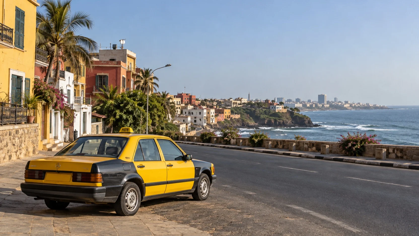 Empty yellow taxi beside a coastal road in Dakar