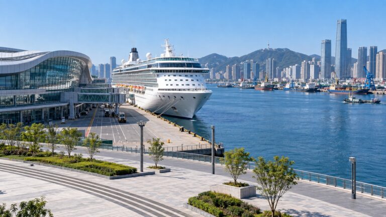 Cruise ship at Dalian seaport terminal beside the city skyline