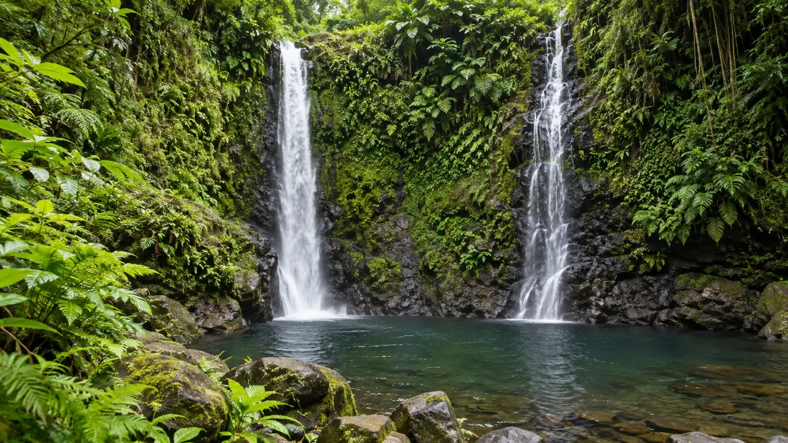 Twin waterfalls descending into a forest pool at Dark View Falls on Saint Vincent