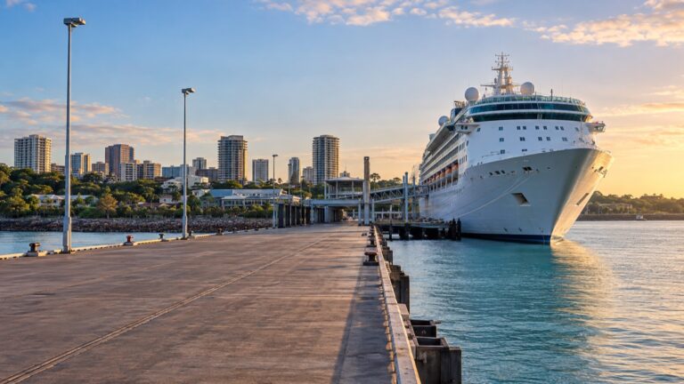 Cruise ship at Darwin's Fort Hill Wharf with tropical city beyond