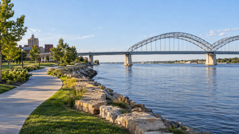 Davenport riverfront at Centennial Park beside the Mississippi River and Centennial Bridge