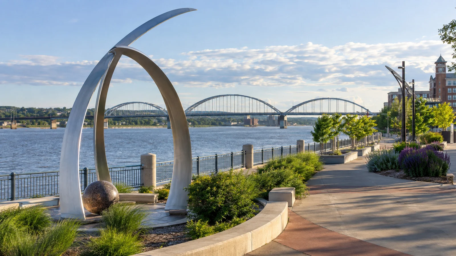 Riverfront Parkway trail and public art beside the Mississippi River in Davenport, Iowa