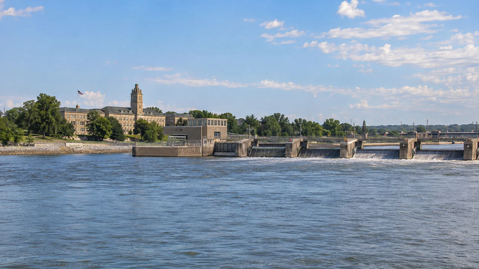 View of Rock Island Arsenal and Lock and Dam 15 near Davenport