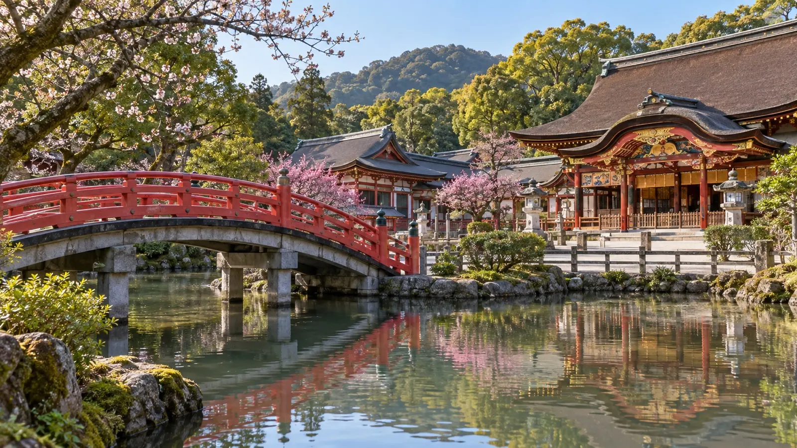 Red bridge and historic Dazaifu Tenmangu Shrine near Fukuoka