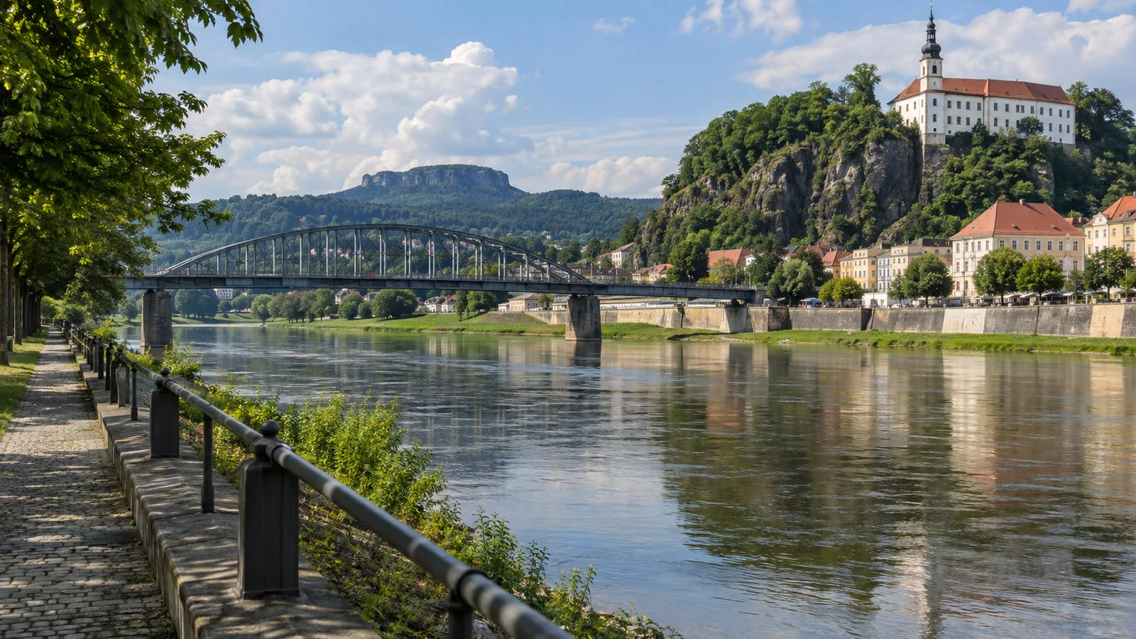 Elbe riverbank path and bridge at Děčín