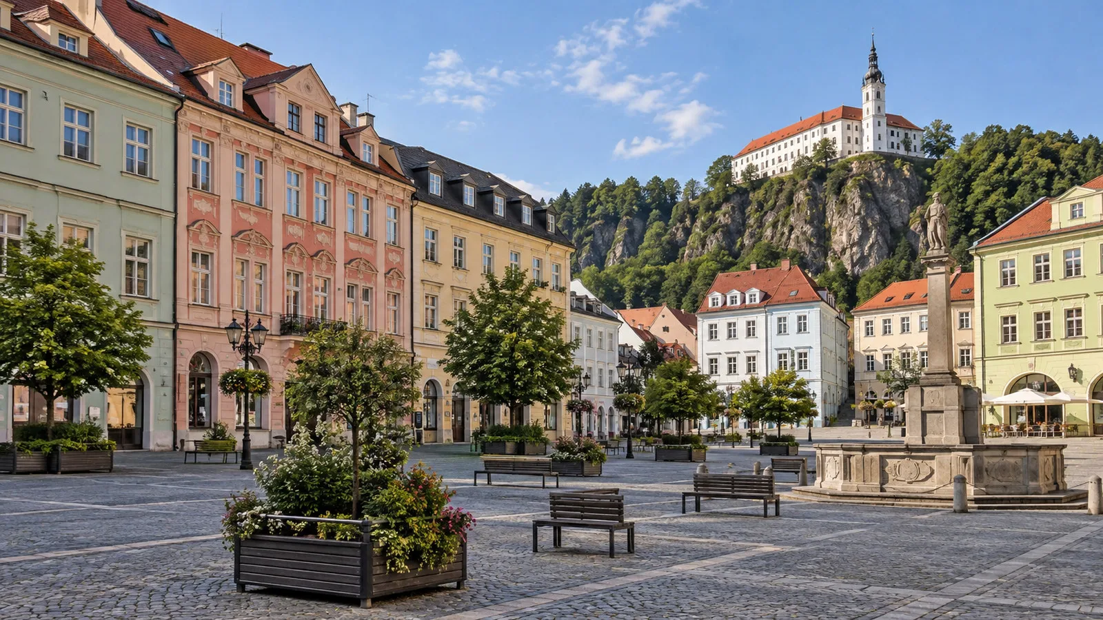 Pastel buildings around Masaryk Square in Děčín