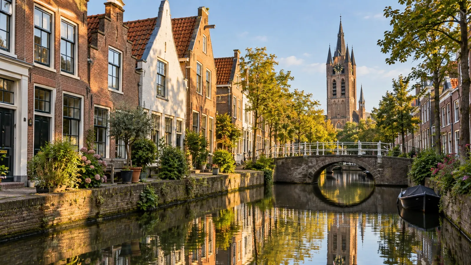 Gabled Dutch houses and a stone bridge reflected in a Delft canal