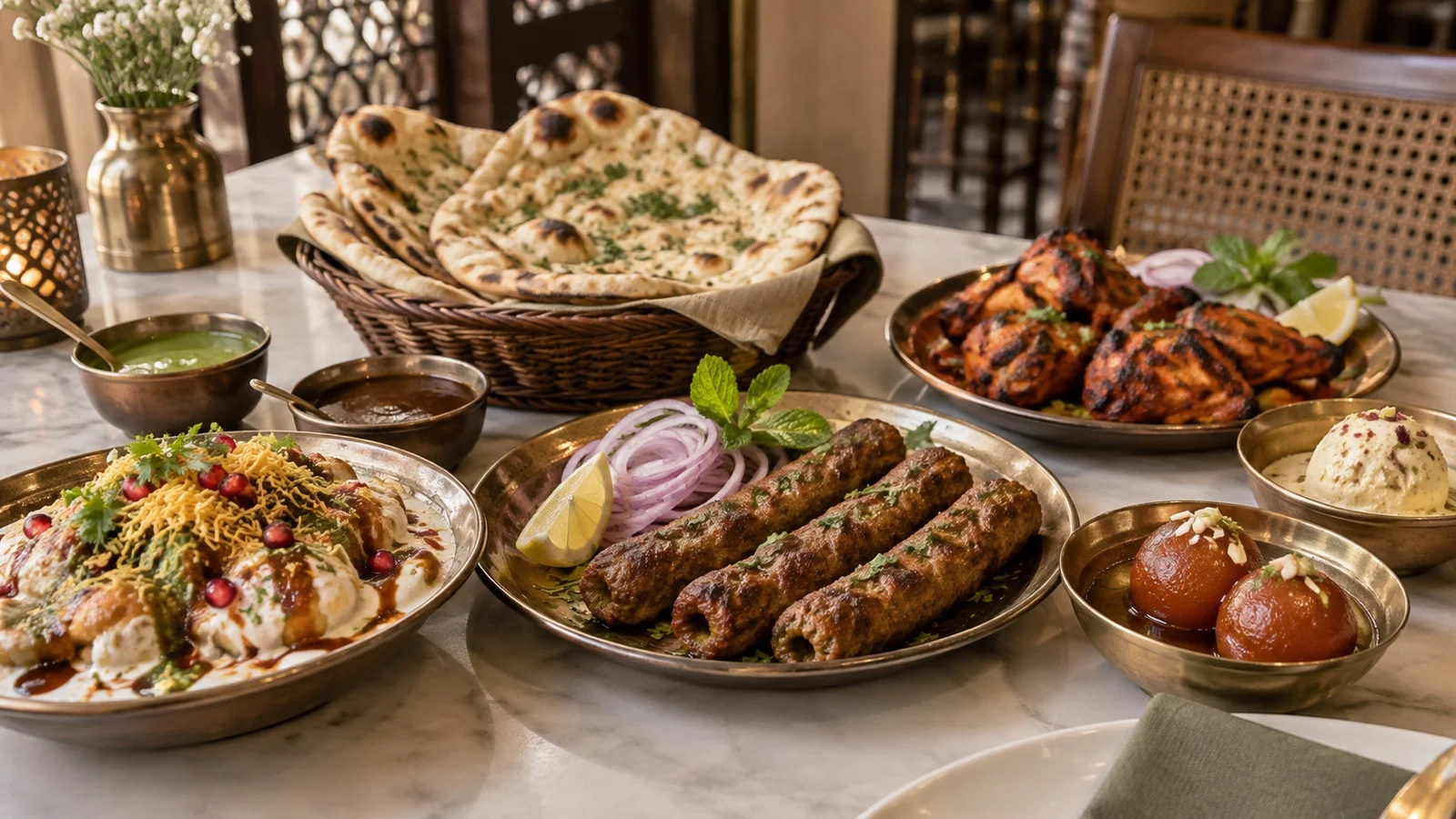 Delhi dishes including chaat, kebabs, naan, and sweets on a restaurant table