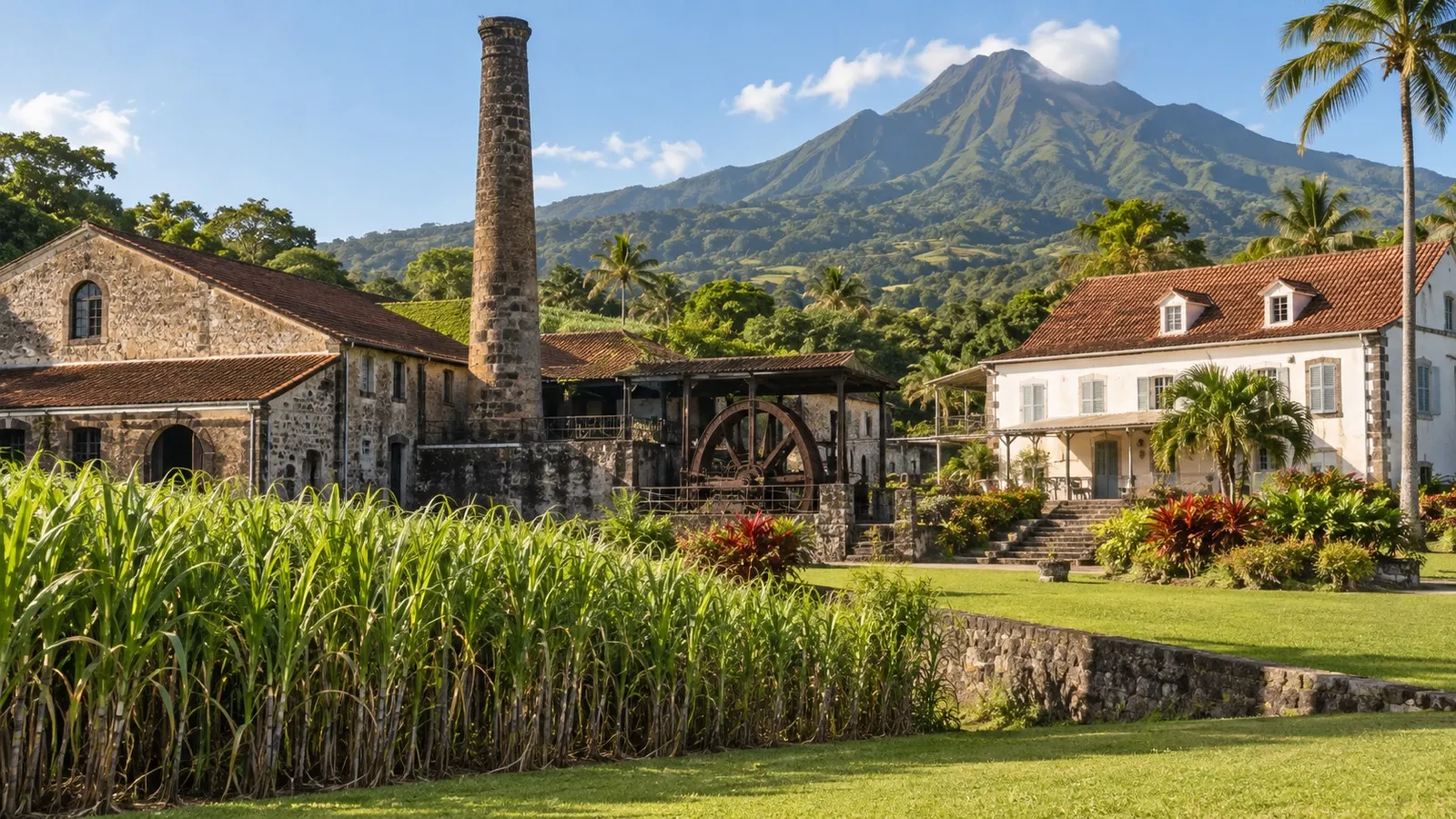 Historic Depaz rum estate buildings and palms near Mount Pelée