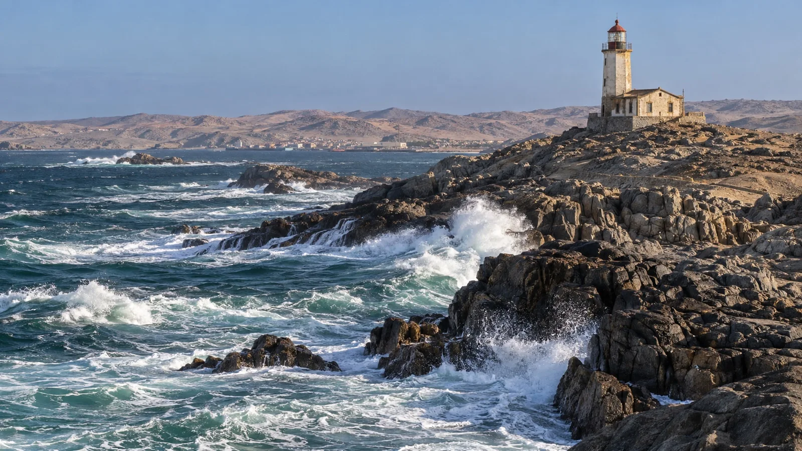 Rocky coast and lighthouse at Diaz Point near Lüderitz