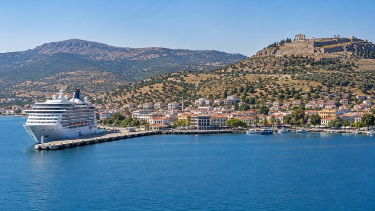 Cruise ship at Dikili port on the Turkish Aegean coast